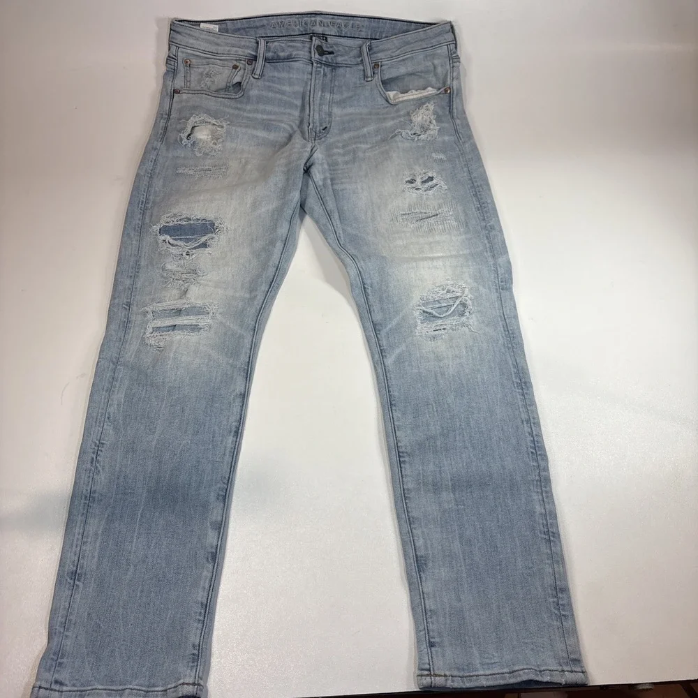 American Eagle Jeans Mens 36x32 Blue Next Level‎ Airflex Skinny Distressed Denim